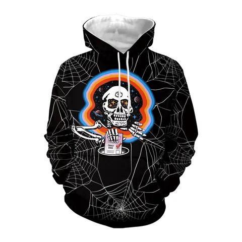 Felpa con Cappuccio Oversize Stampa Teschio Ragnatela Halloween Donna Con Tasca Streetwear Casual Top Pullover Nero