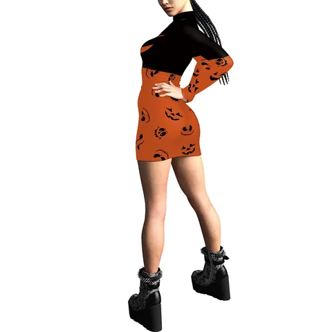 Vestido Mini Sexy de Halloween para Mujer Estampado de Calabaza 3D Ajustado Manga Larga Gótico