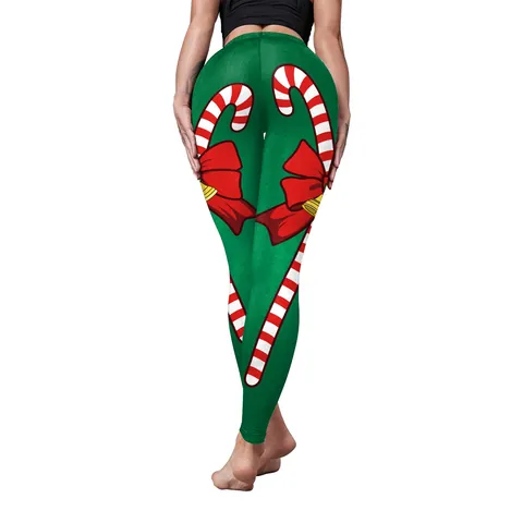 Women Christmas Printed Leggings High Waist Stretchy Yoga Pants Candy Cane Santa Snowman Festive Party Holiday Gym Trousers