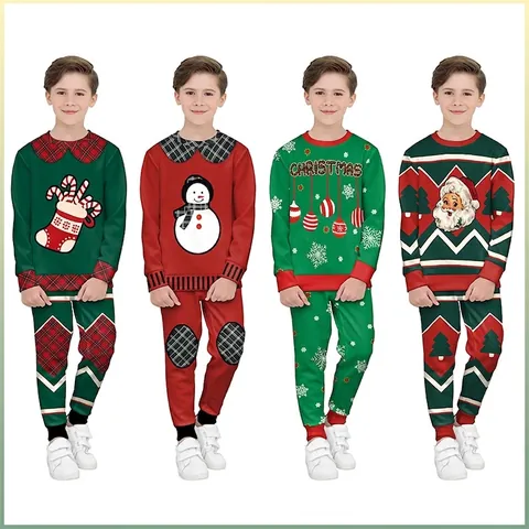 Kids Christmas Clothes Sweatshirt And Pants Casual Polyester Spandex Long Sleeve Round Neck Festive Pattern Boys Outfits