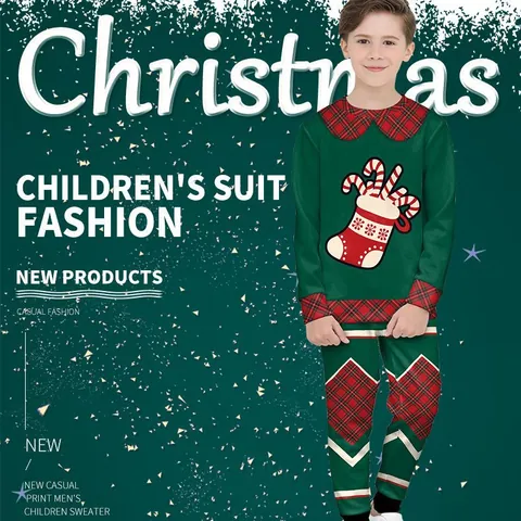 Kids Christmas Clothes Sweatshirt And Pants Casual Polyester Spandex Long Sleeve Round Neck Festive Pattern Boys Outfits