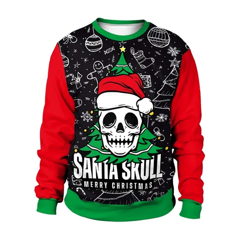 Casual Christmas Skull Print Sweatshirt Long Sleeve Round Neck Polyester Pullover Top For Men Women Holiday Festive Party Wear