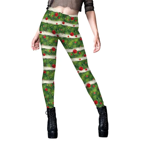 Leggings Imprimés de Noël pour Femmes Taille Haute Pantalon de Yoga Amincissant Festif à Rayures Renne Impression Numérique Collants de Fête