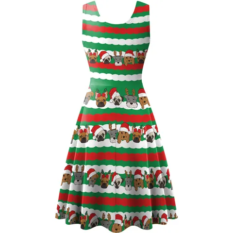 Women Christmas Sleeveless A-Line Midi Dress Polyester Spandex Christmas Tree Dog Elk Print Festive Party Tank Dress