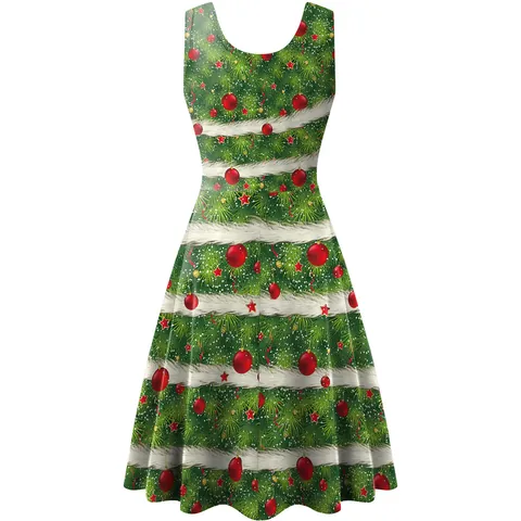 Women Christmas Sleeveless A-Line Midi Dress Polyester Spandex Christmas Tree Dog Elk Print Festive Party Tank Dress