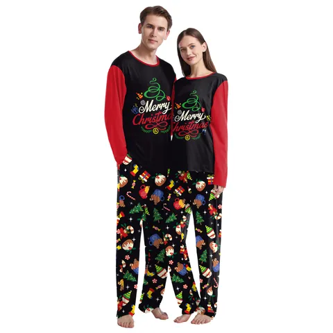 Kerstmis Paar Pyjama Set Lange Mouw Ronde Hals Ruitjes Broek Feestelijke Nachtkleding Polyester Elastaan