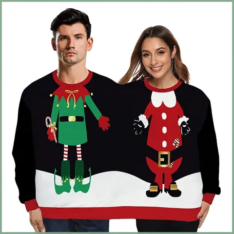 Twin Connected Ugly Christmas Sweater Funny Santa Elf 3D Digital Print Pullover Hoodie For Couples Friends Party Wear Tops