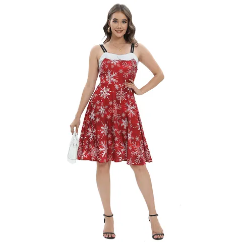 Women Christmas Snowflake Reindeer Print A-Line Midi Dress With Faux Fur Trim Sleeveless Spaghetti Strap Festive Party Swing Skirt