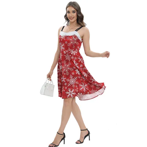 Women Christmas Snowflake Reindeer Print A-Line Midi Dress With Faux Fur Trim Sleeveless Spaghetti Strap Festive Party Swing Skirt
