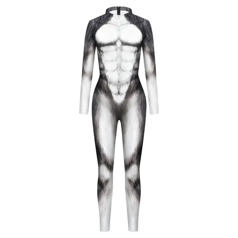 Unisex 3D Digital Animal Muscle Print Long Sleeve Bodycon Jumpsuit Halloween Cosplay Party Slim Fit Unitard Costume