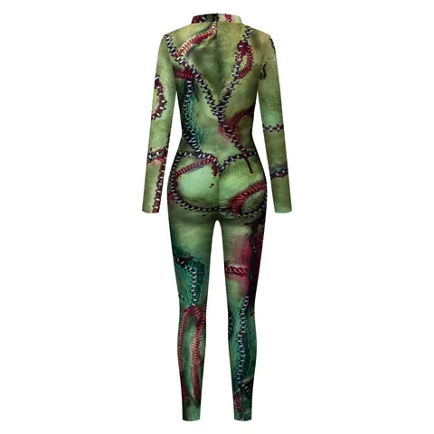 Women's Halloween Bloody Nurse Zombie Cosplay Jumpsuit Slim Fit Long Sleeve Horror Party Costume Stretchy Bodysuit Catsuit