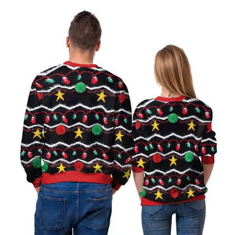 Ugly Christmas Sweater For Women Men Festive Crewneck Pullover With 3D Pom Poms Bulb Print Soft Polyester Spandex Party Top