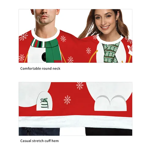 Two Person Christmas Ugly Sweater Couple Jumper Snowman Digital Print Red Long Sleeve Pullover Holiday Party Sweatshirt