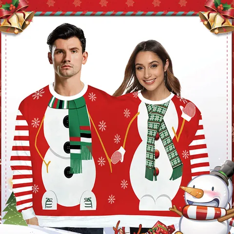 Two Person Christmas Ugly Sweater Couple Jumper Snowman Digital Print Red Long Sleeve Pullover Holiday Party Sweatshirt