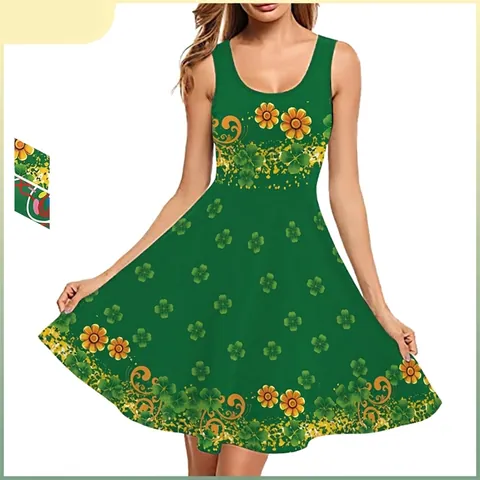 Dames St. Patrick's Dag Mouwloze Midi Jurk Klaver Bloemenprint A-Lijn Zomer Tank Jurk Casual Festival Feestjurk