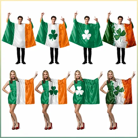 Costume Drapeau Irlandais Pour Femmes Hommes Saint Patrick Robe En Satin Poncho Imprimé Trèfle Tenue Spectacle Parade