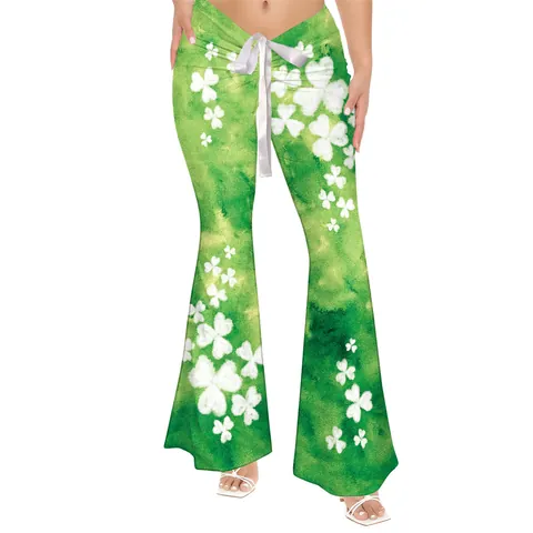 Women St. Patrick's Day Flared Pants Shamrock Rainbow Print High Waist Bell Bottom Trousers With Satin Bow Knot Festive Party Leggings