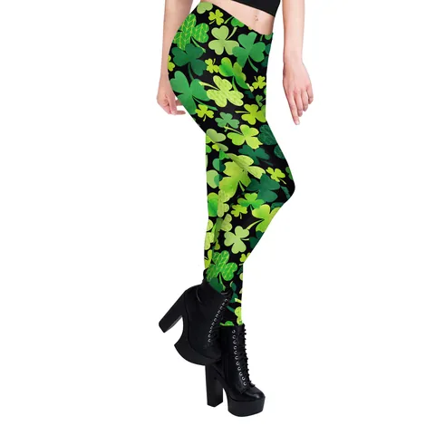 Women's St Patrick's Day Printed Leggings High Waist Green Shamrock Pattern Festive Holiday Party Yoga Pants Skinny Tights