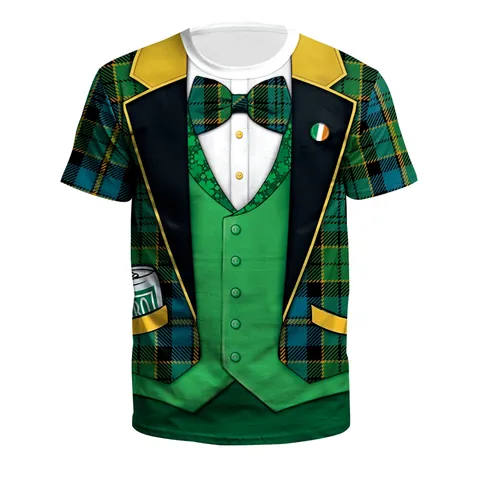 Men's St Patrick's Day T-Shirt 3D Digital Print Funny Fake Tuxedo Shamrock Graphic Tee Polyester Spandex Short Sleeve Top