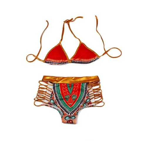 Traje de Baño Bikini de Dos Piezas para Mujer Estampado Étnico Dashiki Halter Cintura Alta Hueco Tribal Ropa de Playa