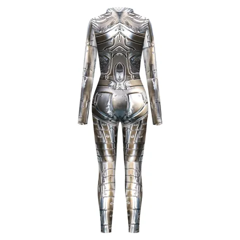 Women Cyberpunk 3D Mechanical Armor Print Jumpsuit Long Sleeve Mock Neck Sci-Fi Cyborg Cosplay Slim Bodycon Catsuit One Piece