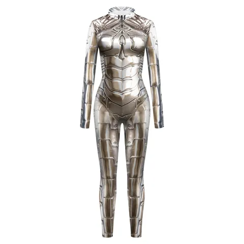 Women Cyberpunk 3D Mechanical Armor Print Jumpsuit Long Sleeve Mock Neck Sci-Fi Cyborg Cosplay Slim Bodycon Catsuit One Piece