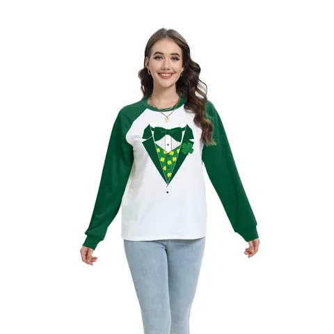 Women St Patrick Day Raglan Sweatshirt Clover Pattern Contrast Color Long Sleeve Casual Festive Top Polyester Spandex