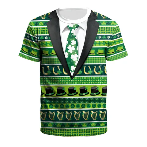 Men's St. Patrick's Day 3D Digital Print T-Shirt Funny Leprechaun Tuxedo Skeleton Shamrock Short Sleeve Casual Round Neck Top