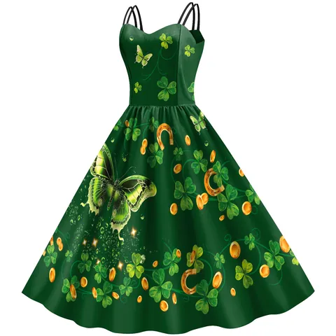 Women's St Patrick's Day Vintage Cami Dress Clover Rainbow Gold Coin Print A-Line Swing Party Dress Retro Holiday Outfits