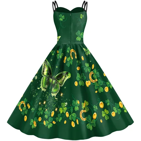 Women's St Patrick's Day Vintage Cami Dress Clover Rainbow Gold Coin Print A-Line Swing Party Dress Retro Holiday Outfits