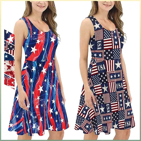 Dames Onafhankelijkheidsdag USA Vlag Print Mouwloze Jurk Ronde Hals A-Lijn Zomer Feestelijk Sterren Strepen Tank Midi Jurk