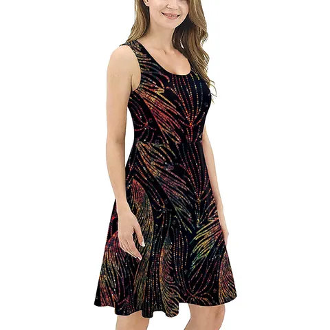 Women Summer Sleeveless A-Line Dress Digital Print Polyester Spandex Round Neck Casual Party Midi Sundress