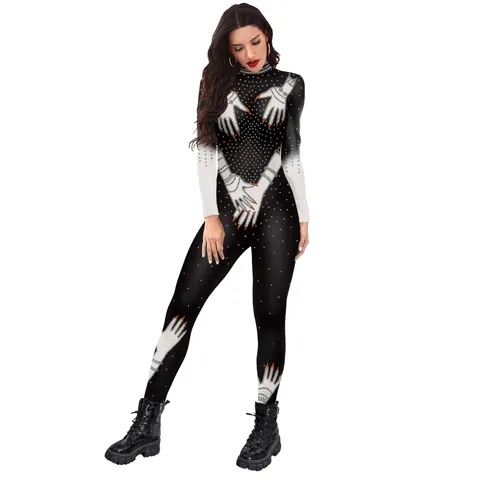 Damen Halloween Gothic Langarm Stehkragen 3D Digitaldruck Schmale Bodysuit Bühnenauftritt Jumpsuit Party Kostüm