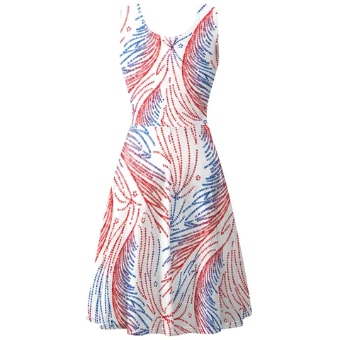 Independence Day Sleeveless A-Line Dress Patriotic Stars And Stripes Digital Print Round Neck Summer Festive Midi Vest Dress