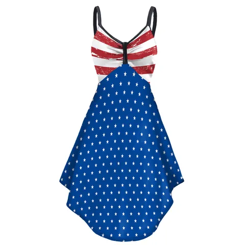 Women's Independence Day Cami Dress Polyester Spandex Stars And Stripes Pattern U Neck Summer Casual Sleeveless Midi Dress