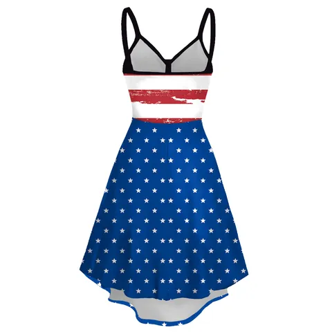 Women's Independence Day Cami Dress Polyester Spandex Stars And Stripes Pattern U Neck Summer Casual Sleeveless Midi Dress
