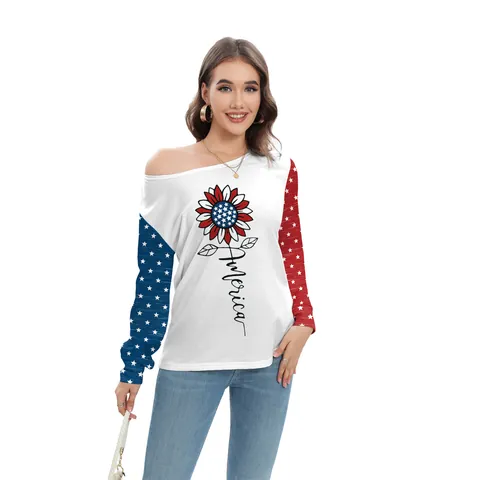 Women American Flag Independence Day Long Sleeve T-Shirt Asymmetric Slant Shoulder Stars Stripes Print Cotton Blend Festive Casual Top