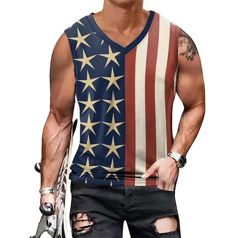 Men American Flag Tank Top V Neck Independence Day Sleeveless Shirt Distressed Star Stripe Digital Print Casual Streetwear Vest