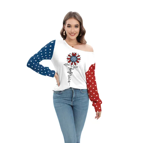 Women American Flag Independence Day Long Sleeve T-Shirt Asymmetric Slant Shoulder Stars Stripes Print Cotton Blend Festive Casual Top