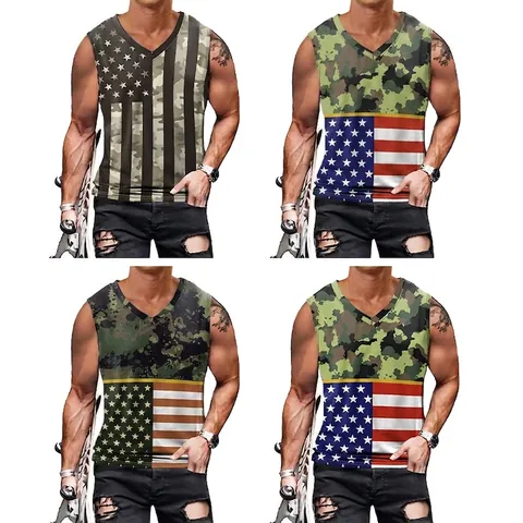 Heren Streetwear V-Hals Tanktop Camo USA Vlag Print Mouwloos Shirt Onafhankelijkheidsdag Vakantie Casual Muscle Top