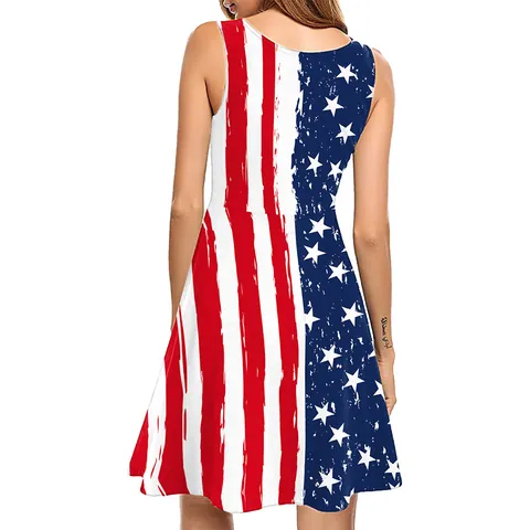 Women's Independence Day American Flag Print Sleeveless A-Line Midi Dress Retro Distressed Stars And Stripes Summer Tank Dress