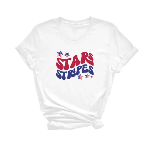 Women Independence Day White T-Shirt 95% Polyester 5% Spandex American Flag Print Short Sleeve Round Neck Summer Casual Top