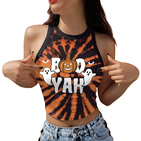 Women's Halloween Skeleton Pumpkin Print Crop Top Sleeveless Slim Fit Polyester Spandex Tank Top For Party Festival Wear Top