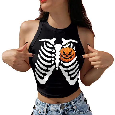 Women's Halloween Skeleton Pumpkin Print Crop Top Sleeveless Slim Fit Polyester Spandex Tank Top For Party Festival Wear Top