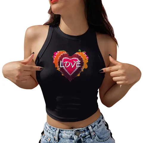 Women's Sexy Slim Fit Crop Tank Top Sleeveless Round Neck Letter Heart Print Polyester Spandex Summer Streetwear Top