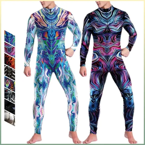 Unisex 3D Digitaal Gedrukte Strakke Jumpsuit Cyberpunk Cosplay Bodysuit Rits Lange Mouw Performance Kostuum Zentai Pak