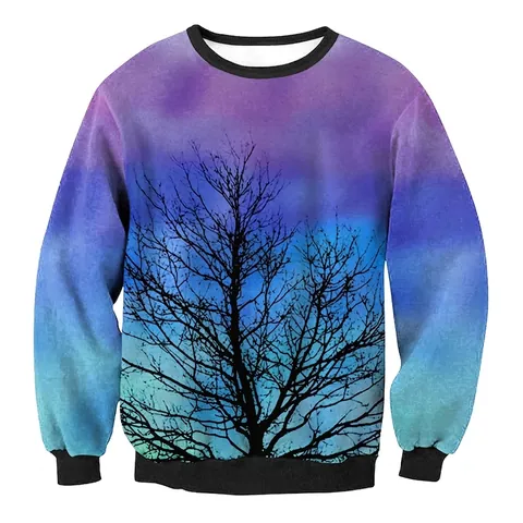 Sudadera Artística Degradada para Mujer Estampado Silueta de Rama de Árbol Cuello Redondo Manga Larga Pullover Ajuste Holgado Casual Top de Poliéster