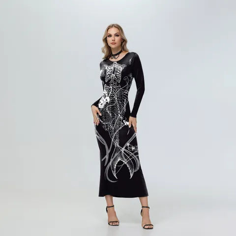 Women Halloween Skeleton Maxi Dress Gothic Long Sleeve Bodycon Polyester Spandex Dress For Ghost Party Role Play Roleplay