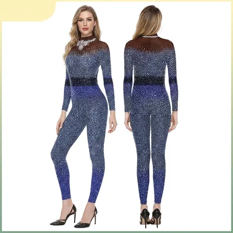 Dames Digitale Print Blauw Gradiƫnt Jumpsuit Sprankelende Strass Opstaande Kraag Lange Mouw Slim Fit Podium Bodysuit
