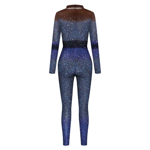 Dames Digitale Print Blauw Gradiƫnt Jumpsuit Sprankelende Strass Opstaande Kraag Lange Mouw Slim Fit Podium Bodysuit
